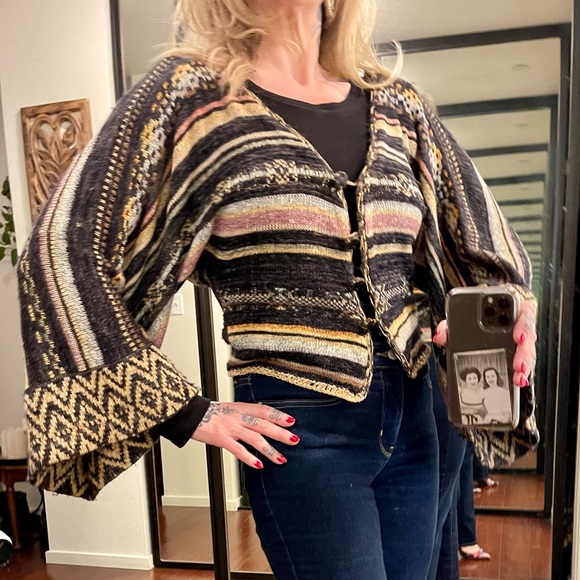 Free People Sweaters - Free People Black and Brown Cardigan with Ornate Design